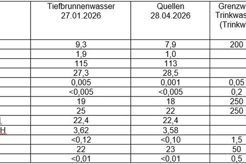 Tabelle mit den Werten zur Wasserqualität in Steißlingen
