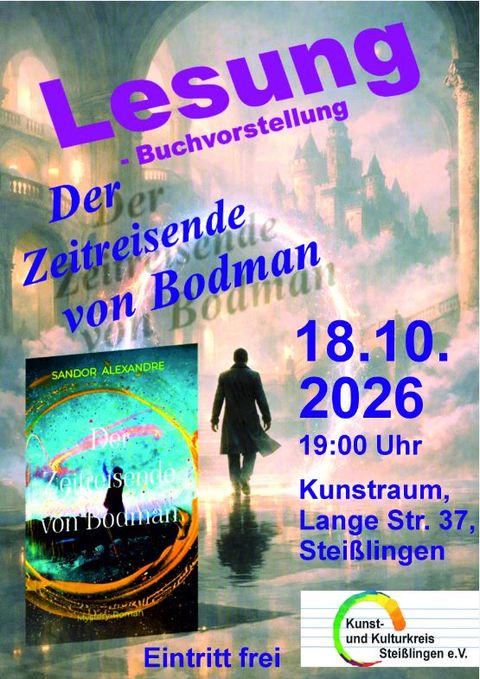 Plakat mit Buchcover und den Infos zur Lesung mit Datum, Ort und Uhrzeit